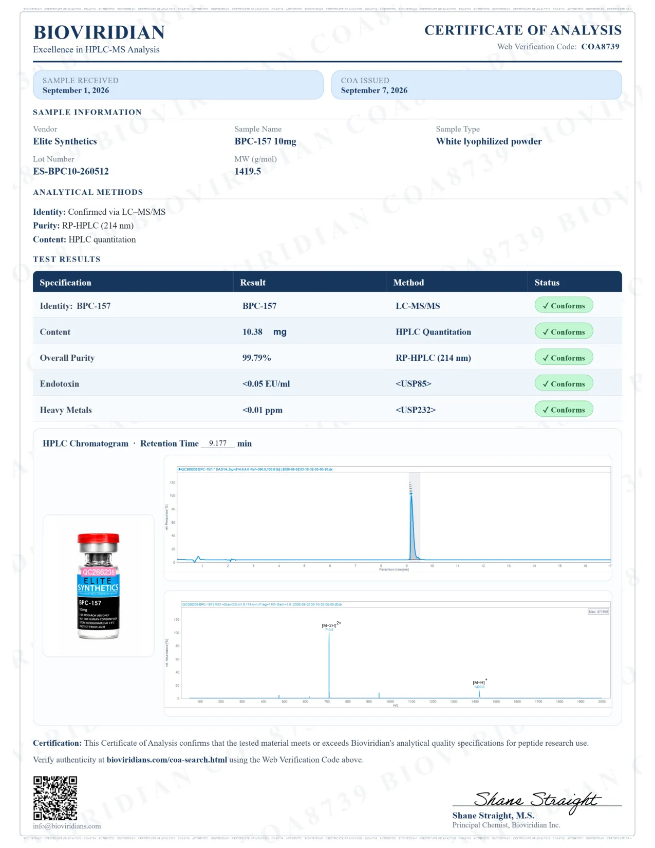 Certificate of analysis COA8739 for BPC-157 10mg, lot ES-BPC10-260512, issued September 7, 2026 by Bioviridian Inc.. Purity 99.79%.
