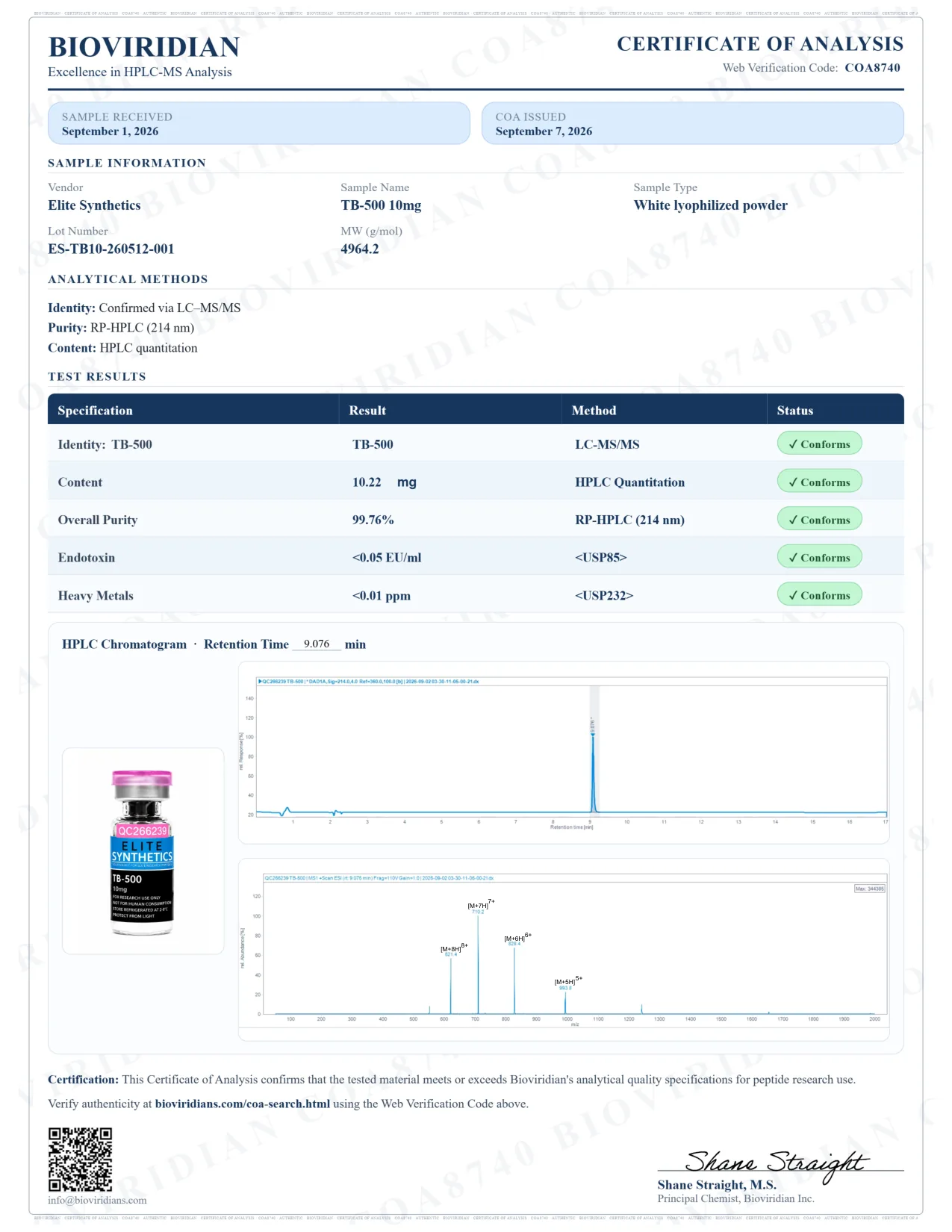 Certificate of analysis COA8740 for TB-500 10mg, lot ES-TB10-260512-001, issued September 7, 2026 by Bioviridian Inc.. Purity 99.76%.