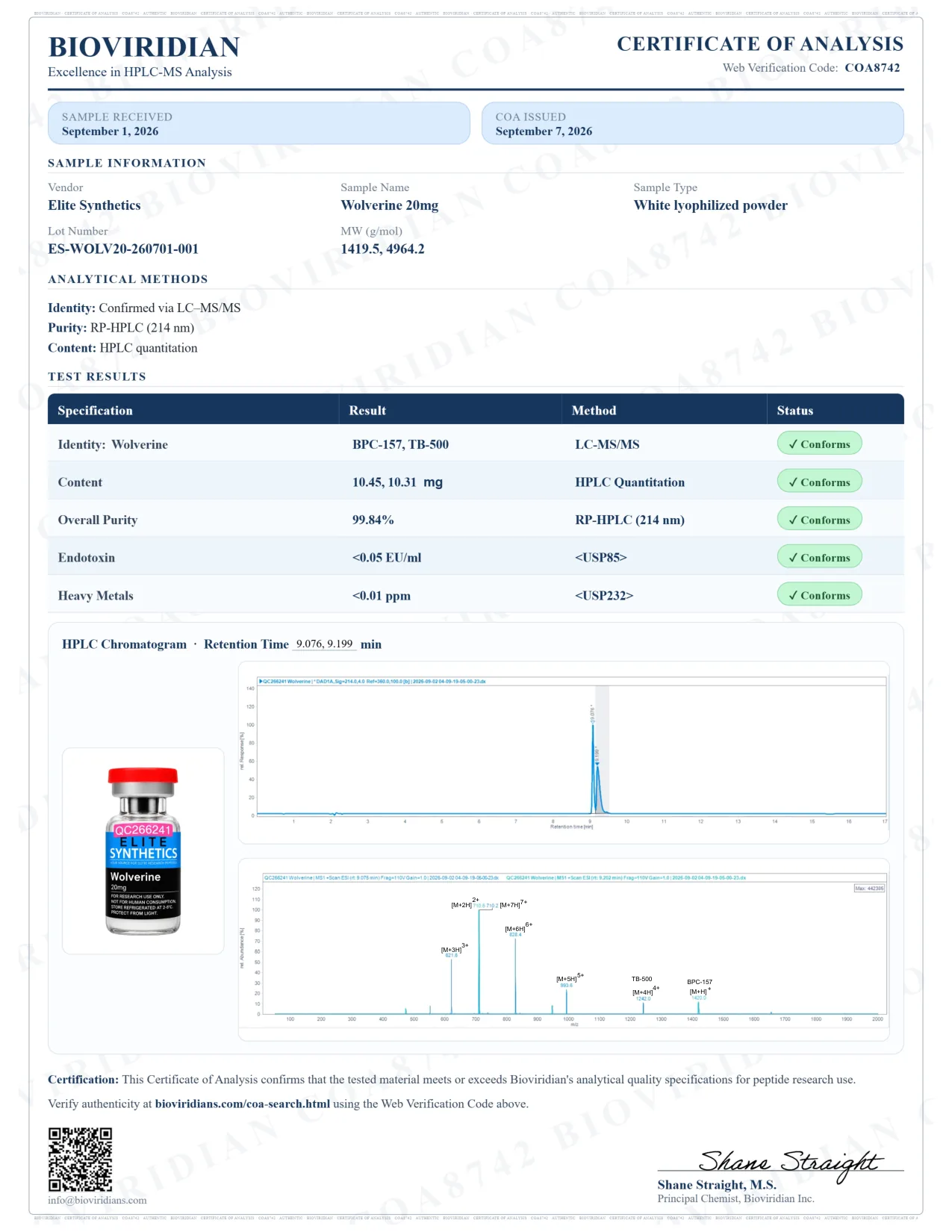 Certificate of analysis COA8742 for Wolverine Blend 20mg, lot ES-WOLV20-260701-001, issued September 7, 2026 by Bioviridian Inc.. Purity 99.84%.