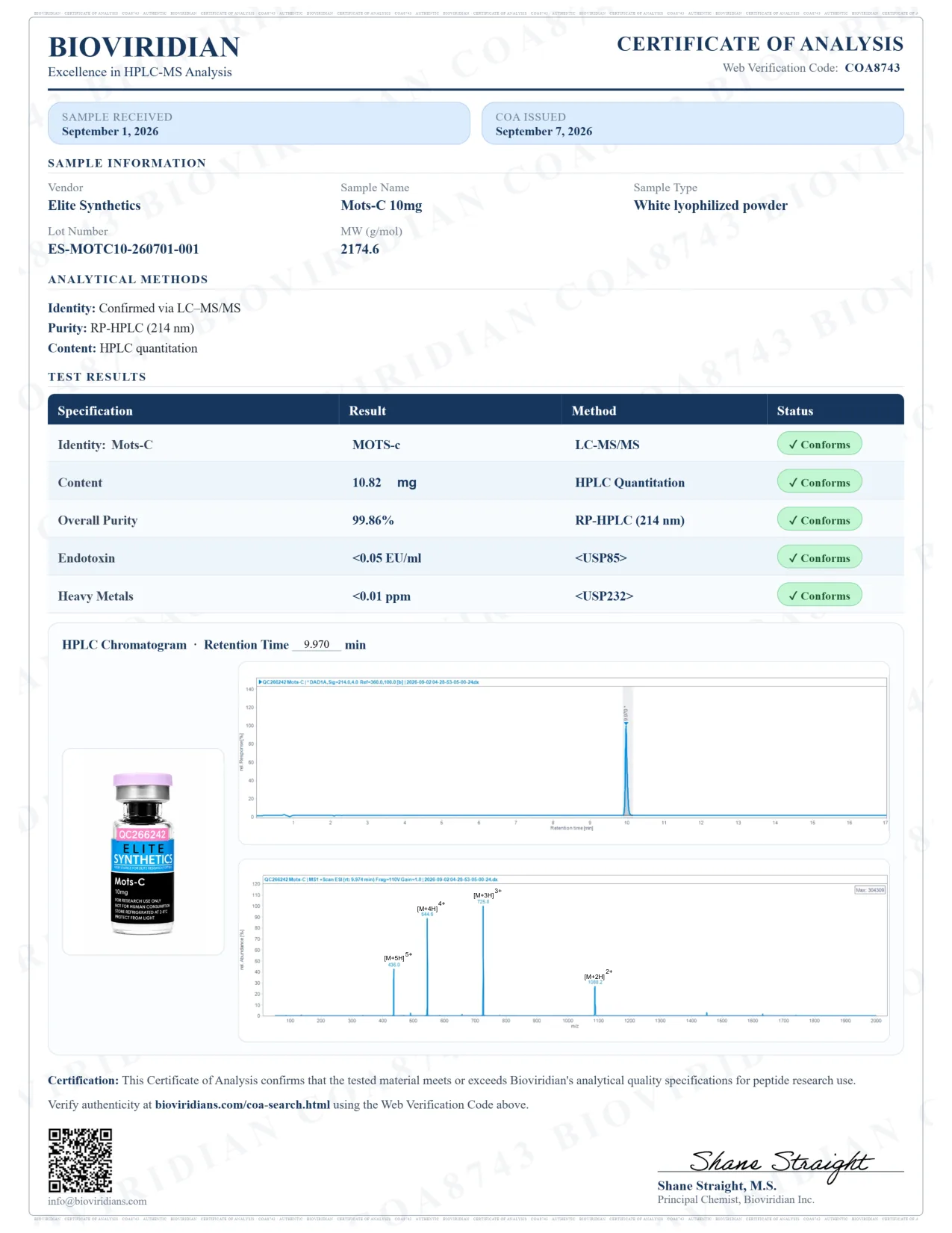Certificate of analysis COA8743 for MOTS-c 10mg, lot ES-MOTC10-260701-001, issued September 7, 2026 by Bioviridian Inc.. Purity 99.86%.