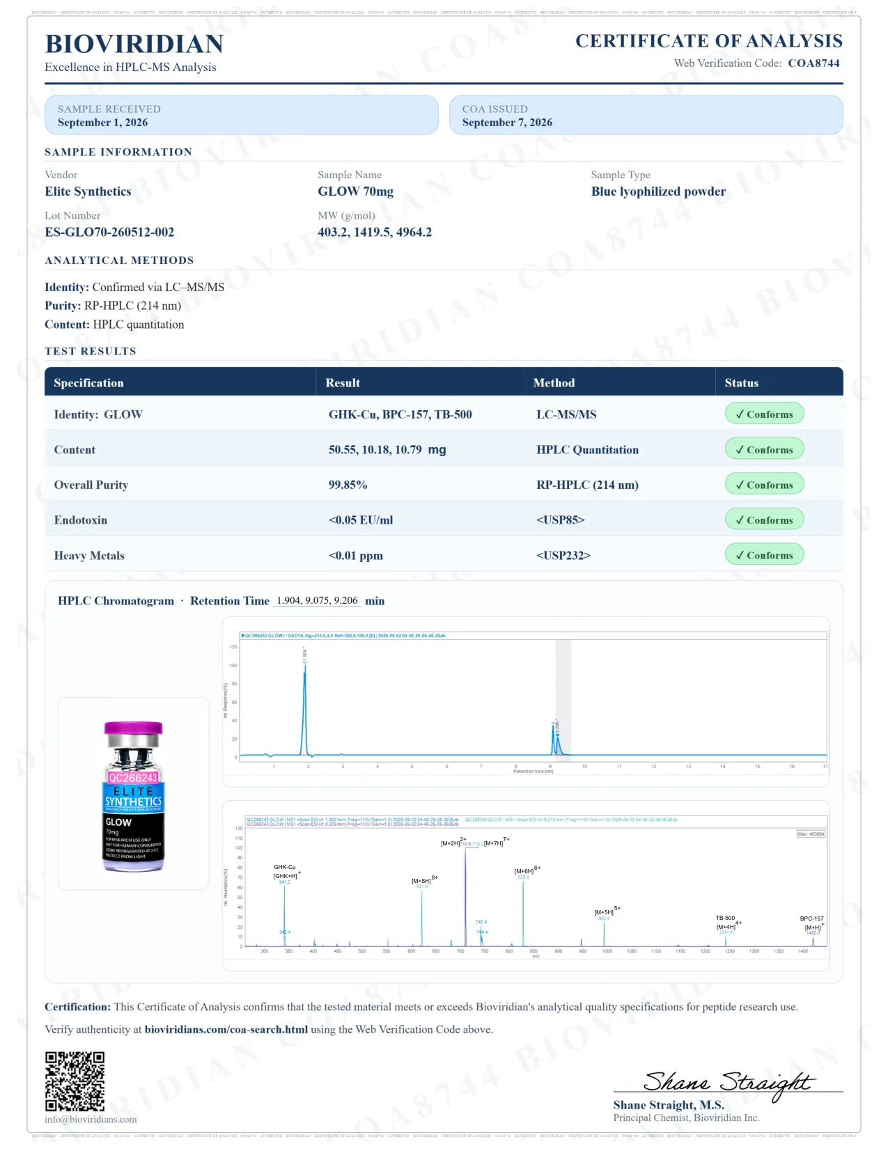 Certificate of analysis COA8744 for GLOW Blend 70mg, lot ES-GLO70-260512-002, issued September 7, 2026 by Bioviridian Inc.. Purity 99.85%.
