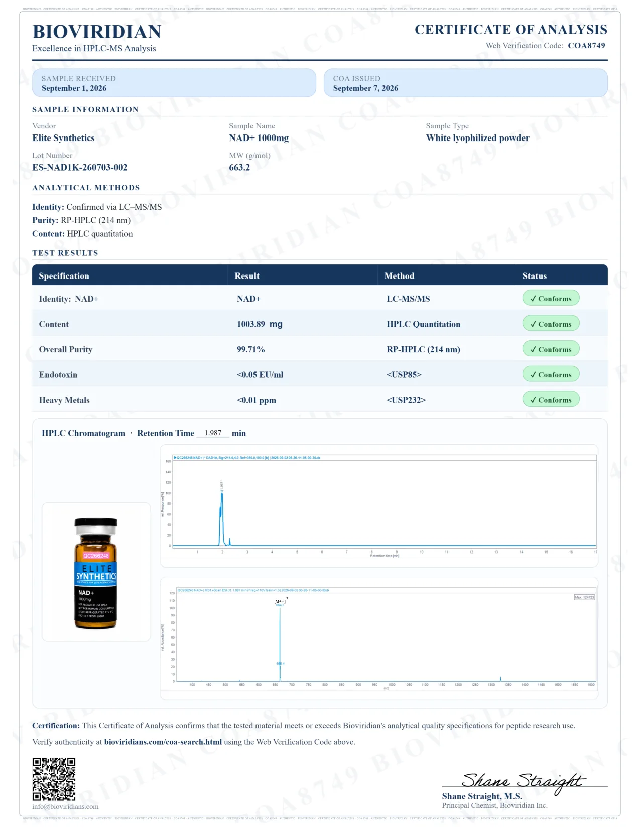 Certificate of analysis COA8749 for NAD+ 1,000mg, lot ES-NAD1K-260703-002, issued September 7, 2026 by Bioviridian Inc.. Purity 99.71%.