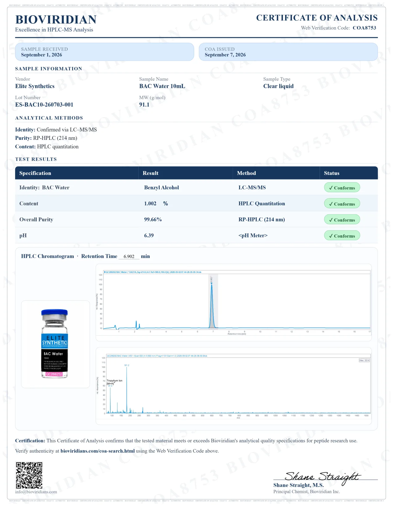 Certificate of analysis COA8753 for Reconstitution Solution 10ml, lot ES-BAC10-260703-001, issued September 7, 2026 by Bioviridian Inc.. Purity 99.66%.